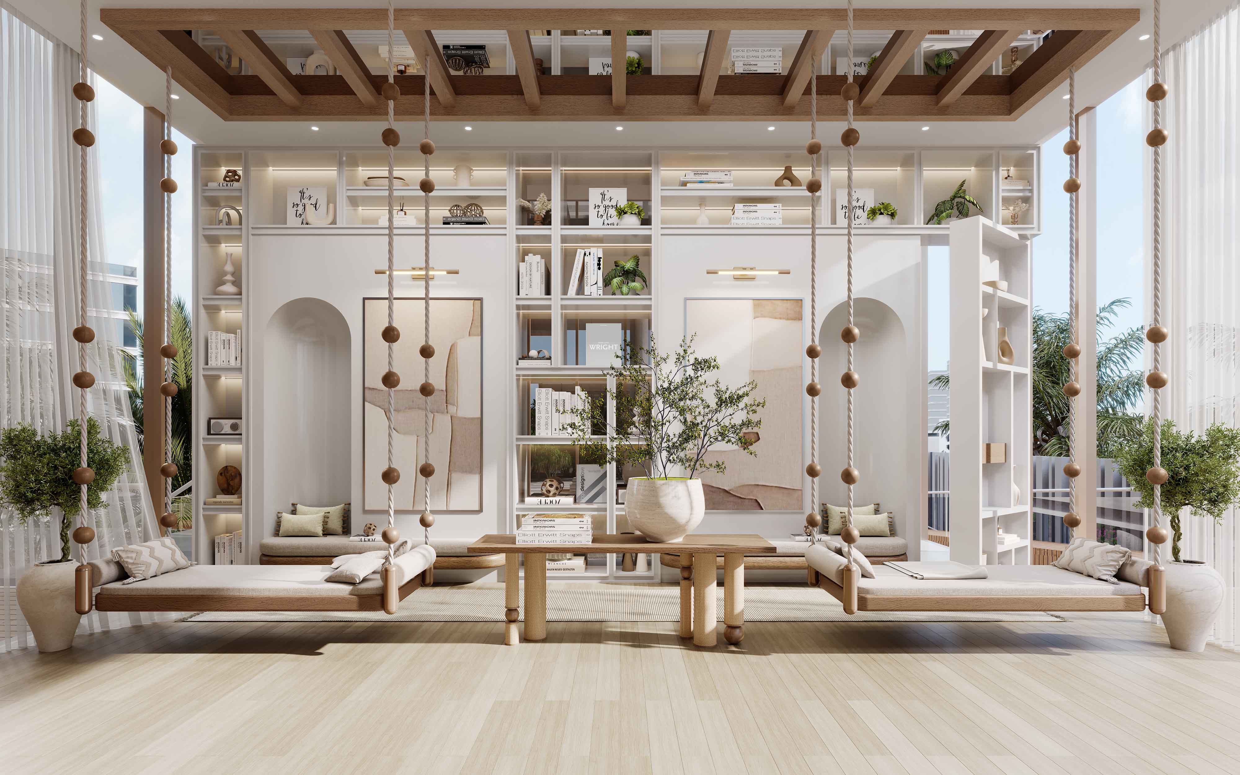 Wynwood By Imtiaz A bright, modern living space featuring hanging beds, wooden furniture, decorative plants, and minimalist decor.